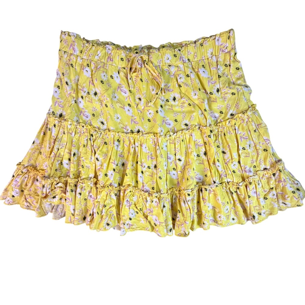 Yellow Floral Ruffle Tiered Mini Skirt Womens XL Boho Festival Y2K